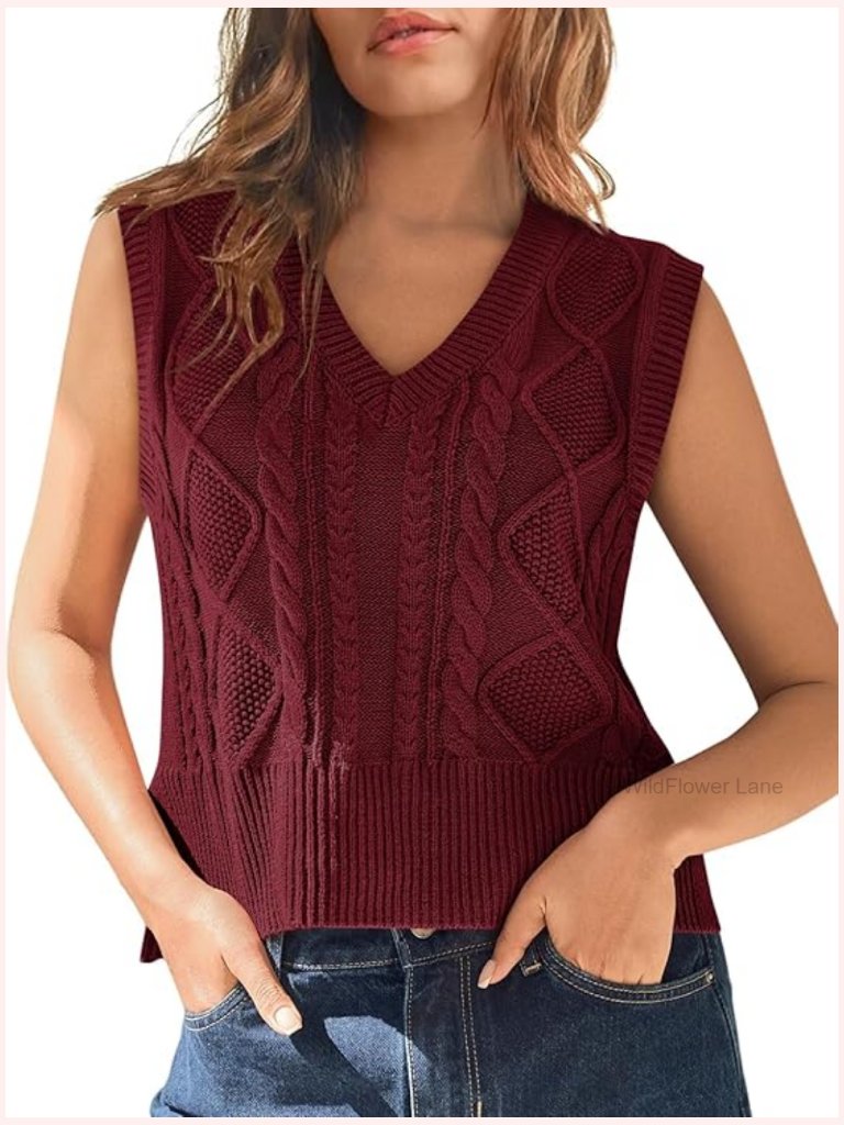 Women's V-Neck Sleeveless Knit Sweater Vest Cotton Acrylic Pullover